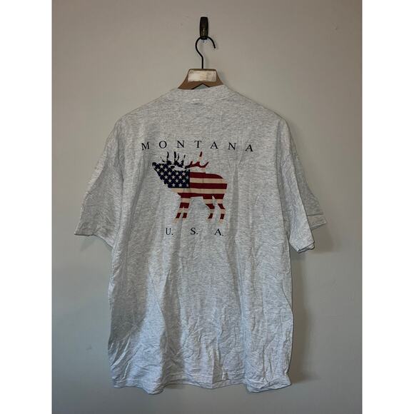 Vintage Montana Elk Shirt Jerzees USA America Gray Tee VTG 1990s 90s Large - Picture 1 of 10